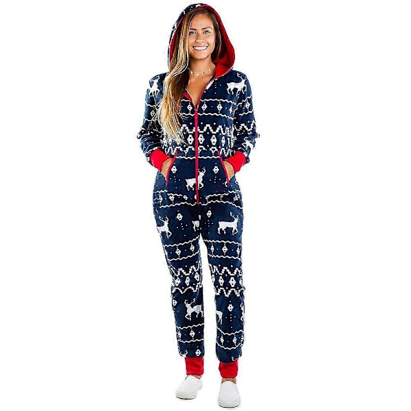Julpyjamas för kvinnor med huva - En-dels jumpsuit - Pyjamas - Jul Blue XL