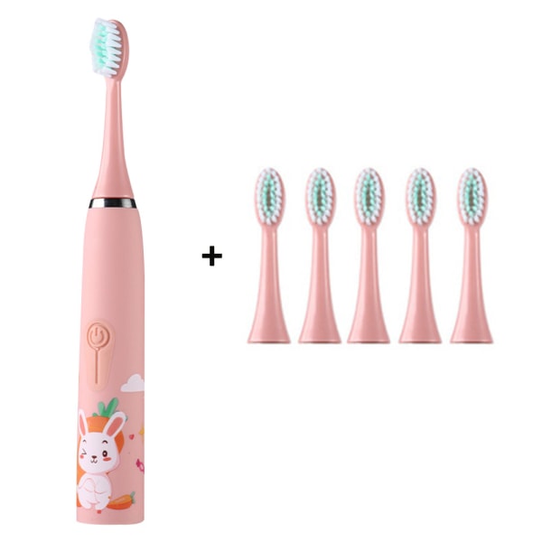 Barn el tandborste, 6 borsthuvuden, sonisk tandborste för pojkar och flickor 3-12 år Pink