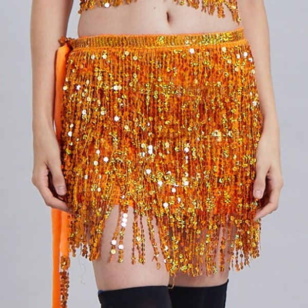 Kvinnor Tjej Paljett Magdansös Kostym Tofs Wrap Kjol Giltter Club Mini Kjol Orange