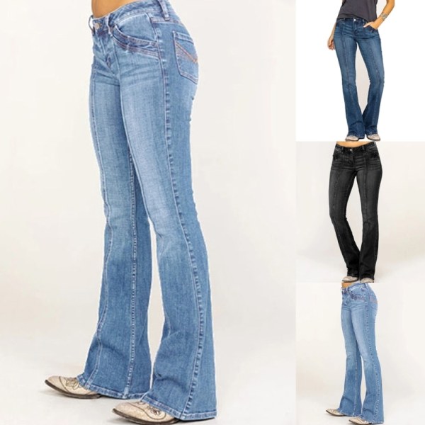 Kvinnors låga utsvängda jeans tretchiga jeansbyxor Bell Bottoms Mörkblå S