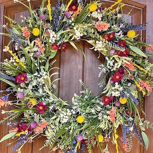 2024 Utomhus Vårdörr Vår och Sommar Vildblomsgarland Simulerade Torkade Blommor Väderbeständig Grön Helårsgirlang, Hem, Landsbygd, Inomhus 50cm