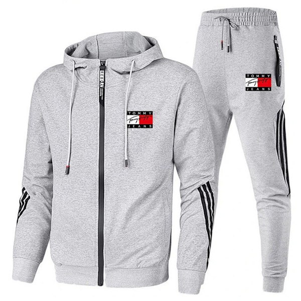 Herr TomyJeans Sport Hoodie Tracksuit Sett Langermet Hel Glidelås Hoodie Sweatshirt Jakke + Joggebukser Sweatpants Antrekk Lommer Light Grey qd Light Grey XL