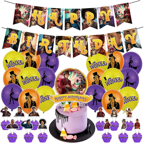 2023 Wonka Chocolate Factory Film Födelsedagsfest set Uppdragbar tårta Flagga Latexballonger 12 Small Flags 1 Large Card