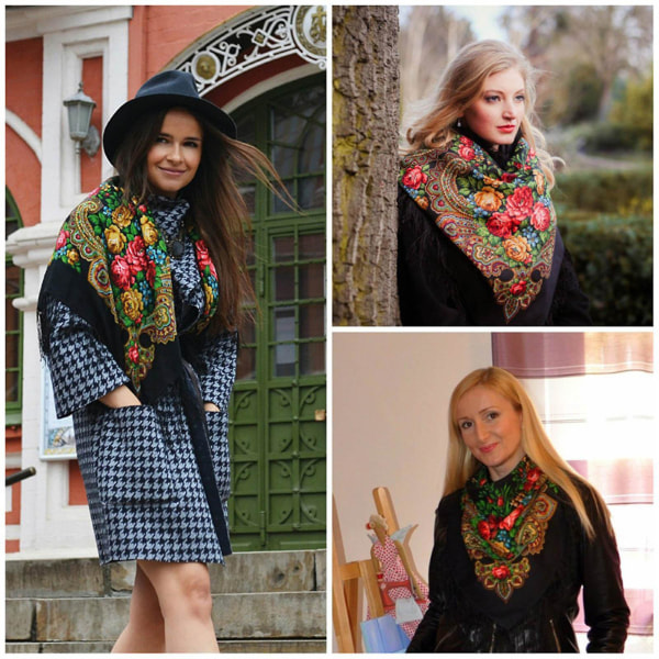 Scarfs för kvinnor Clearance Russian Babushka Scarf Sjal Wrap Oversized Traditionell Retro Ukraina stil Printed tofsar Fyrkantiga scarfs Black