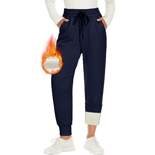 Lämpimät naisten collegehousut, vuoratut, 2 taskua, kiristysnyöri, talvifleece korkealla vyötäröllä, pitkät urheiluleggingsit, treenihousut, vapaa-ajan housut, S Navy blue qd Navy blue XXL