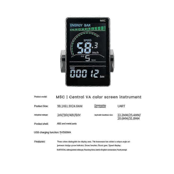 M6c Elektrisk Sykkel LCD Display Meter 24v 36v 48v 60v E Scooter LCD Panel Fargeskjerm Med USB For M