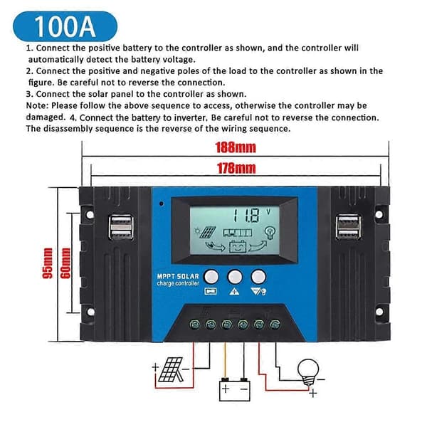 100A MPPT Solar Charge Controller Dobbelt USB LCD-display 12V/24V Auto Solarpanel Oplader Regulator med Belastning
