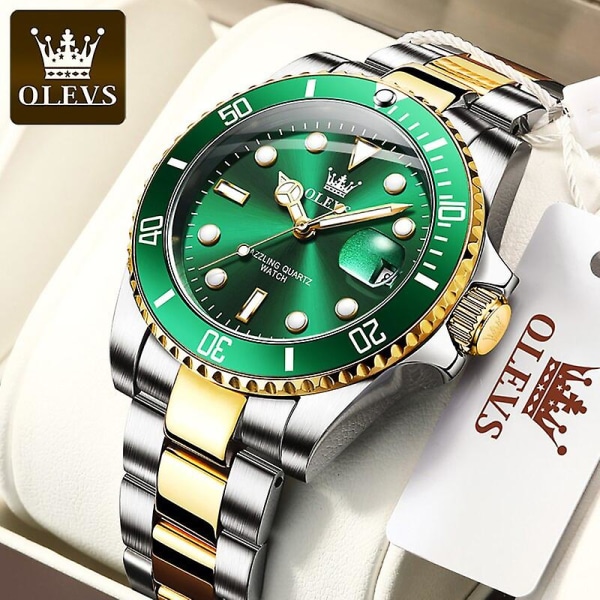 Olevs Ekte Kvarts Klokke For Menn Rustfritt Stål Vanntett Sportsklokke Auto Datoklokke Armbåndsur Luksus Relogio Masculino5885 Gold blue face