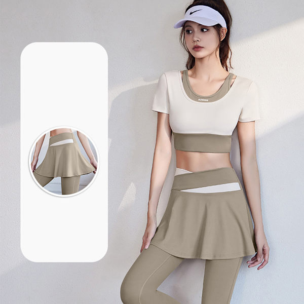 Yoga Byxa Med Kjol Dam Två Delar Fitness Sport Tighta Byxor Khaki qd Khaki L