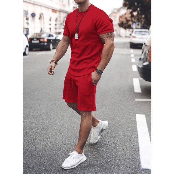 2st/ set Herr Kortärmad T-shirt + Shorts Set Träningsoverall Sweatsuit Red M