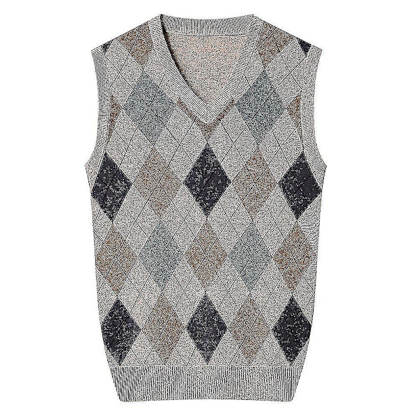 Yynuda Mens Cashmere Pullover Wool Blend Ärmlös stickad V-ringad tröja Khaki M