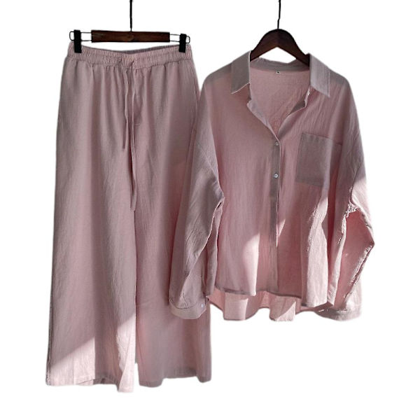 Damer Damer Casual 2-delad blus outfit Bomull Linne Långärmad skjorta med knappar Topp + Wide Ben Byxor Lounge Set Pink M