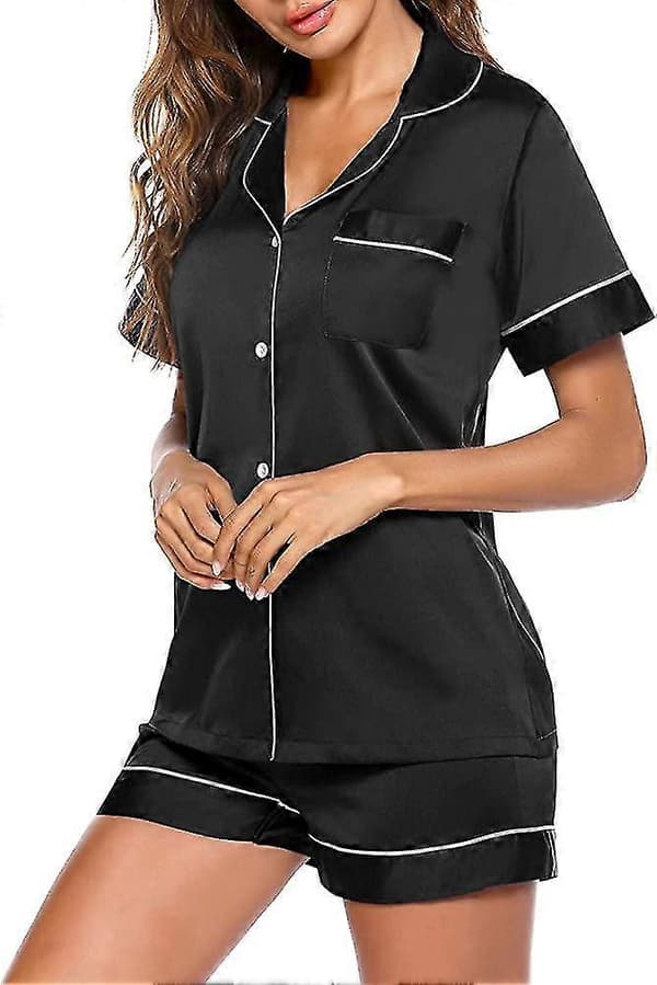 Dame Pyjamas -acsergery Satin Pyjamasett for kvinner 2 stk Silke Kort Erm Knapp Ned Gave