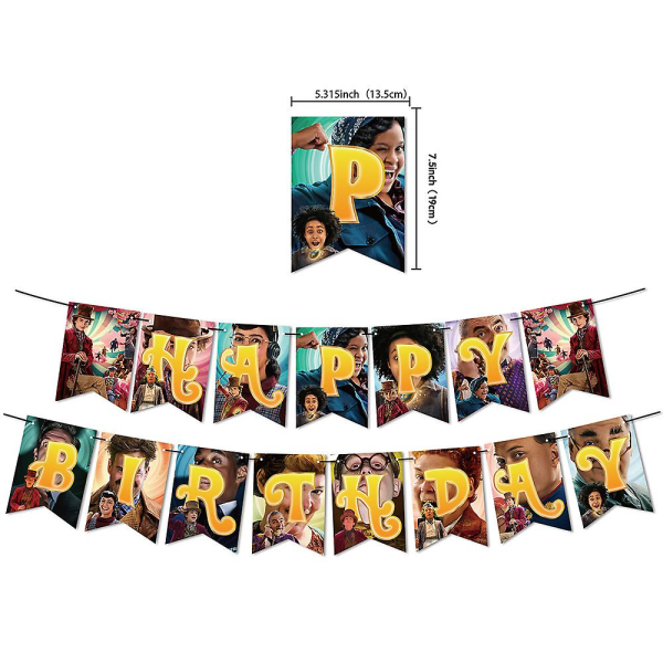 2023 Wonka Chocolate Factory Film Födelsedagsfest set Uppdragbar tårta Flagga Latexballonger 12 Small Flags 1 Large Card