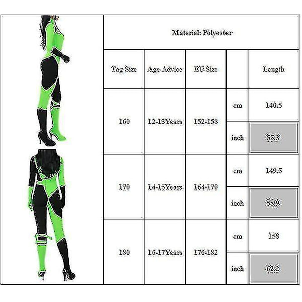 Kim Possible Miss Go Bodysuit Jumpsuit Shego Cosplay Kostume til Kvinder Halloween Fest Karneval Fancy Udklædning 160