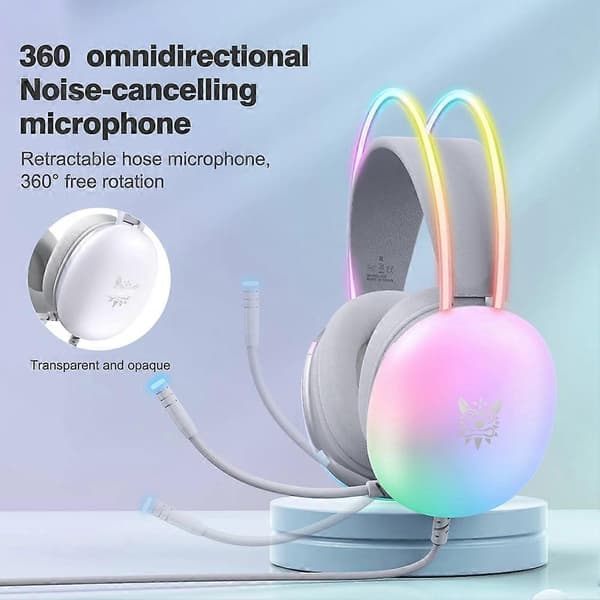 ONIKUMA Gaming Headset med RGB Dynamisk Belysning Kablet Over-Ear Headset med Støjreducerende Mikrofon til PC Hvid