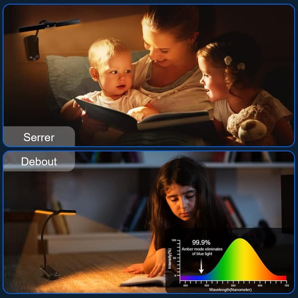 Dobbelthodet leselampe med 14 LED-lys, USB-oppladbart klipslampe, leselys