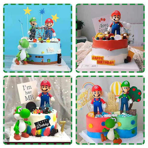 3-pack Mario Bros Cartoon Actionfigurer Yoshi Mario Luigi Tårta Toppers Samling Leksakssats Födelsedagspresent 3PCS