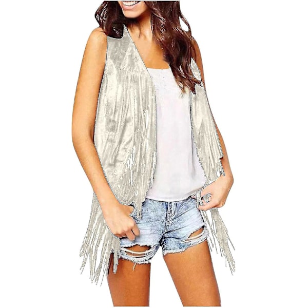 70'er Toppe Kompatible Dame Cowgirl Skjorte Disco Frynse Vest Jakke Beige M