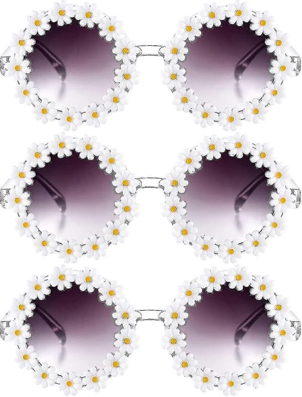 3 pakker Retro Daisy solbriller til kvinder Blomst Runde Disco solbriller Nye blomsterbriller til voksne børn - XC