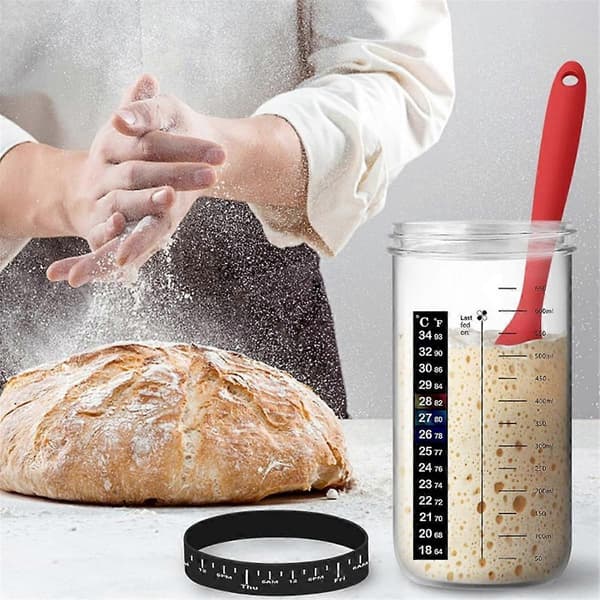Brødfermenteringsglas, med åndbart stoflåg, termometer, genanvendelig surdejsglas, brødbagning, lille