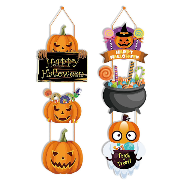 1 Sæt Halloween Græskar Dørvedhæng Hængende Trædørskilte Heksehat Tegneseriedesign Uhyggelige Smilende Ansigter Fester Boligindretningsartikler B