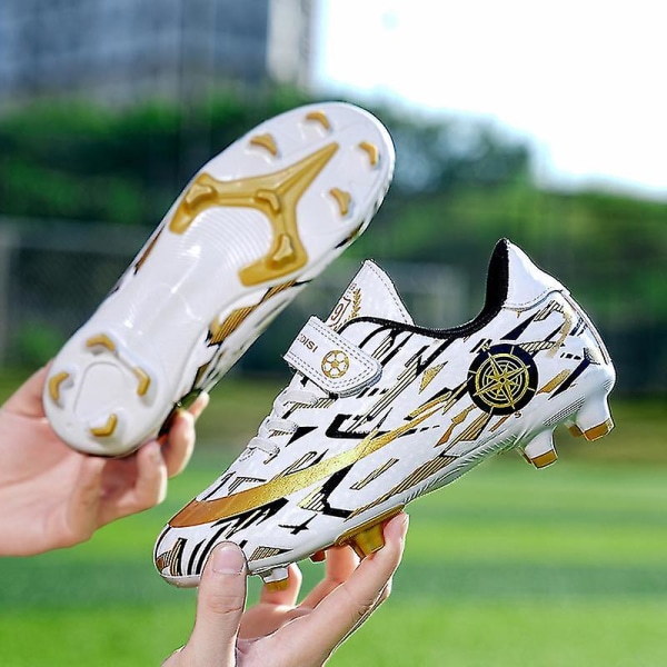 Børne Ungdom Turf Fodboldstøvler Sko Indendørs Fodbold Casual Udendørs Sport X1577a WhiteGold 28