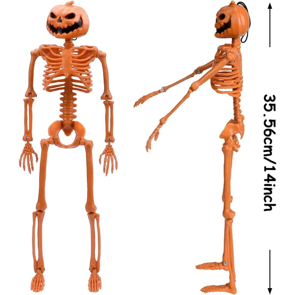 15,7' bevegelig Halloween-skjelett - Gresskarhode helkroppsskjelett med bevegelige ledd - Rekvisittdekorasjoner for spøkelseshus - pakke med 2