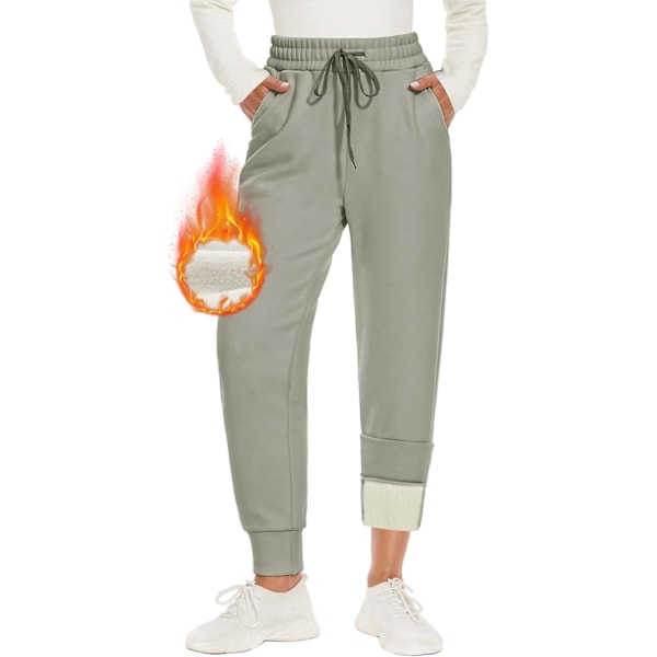 Varme damejoggebukser, foret med 2 lommer, snøring, vinterfleece høy midje, lange sportstights, treningsbukser, fritidsbukser, S Sage green qd Sage green XXL