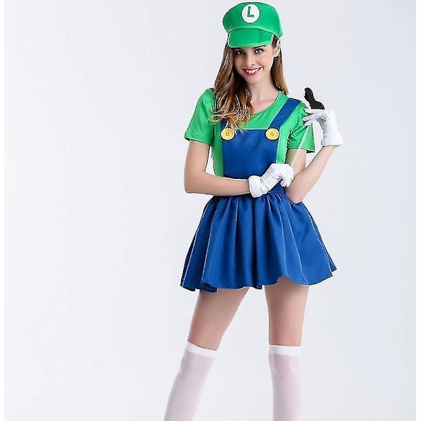 Mario Cosplay Kostym för Kvinnor Luigi Kostym Sexig VVS-Kostym Green L