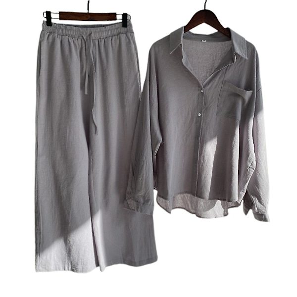 Damer Damer Casual 2-delad blus outfit Bomull Linne Långärmad skjorta med knappar Topp + Wide Ben Byxor Lounge Set Grey XL