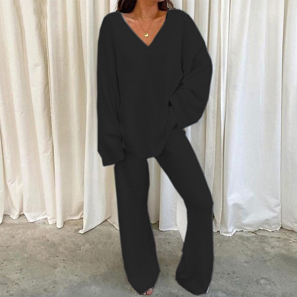 Todelt sæt med brede ben til damer Polar Fleece V-hals Loungesæt Black 2XL