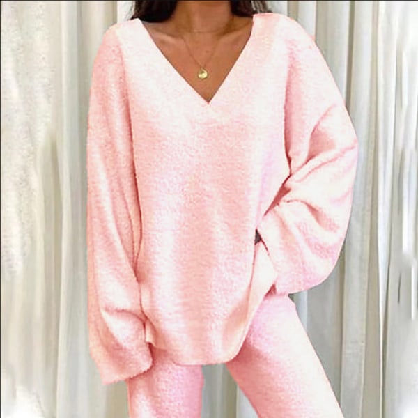 Todelt sæt med brede ben til damer Polar Fleece V-hals Loungesæt Pink XL