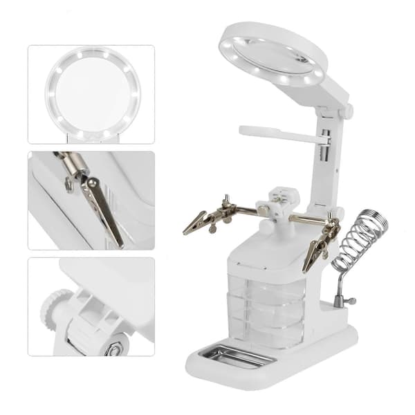 USB elektrisk loddebolt arbeidsstasjon med 3X/4.5X/25X lupe LED-lys kretskortklemmer (hvit)