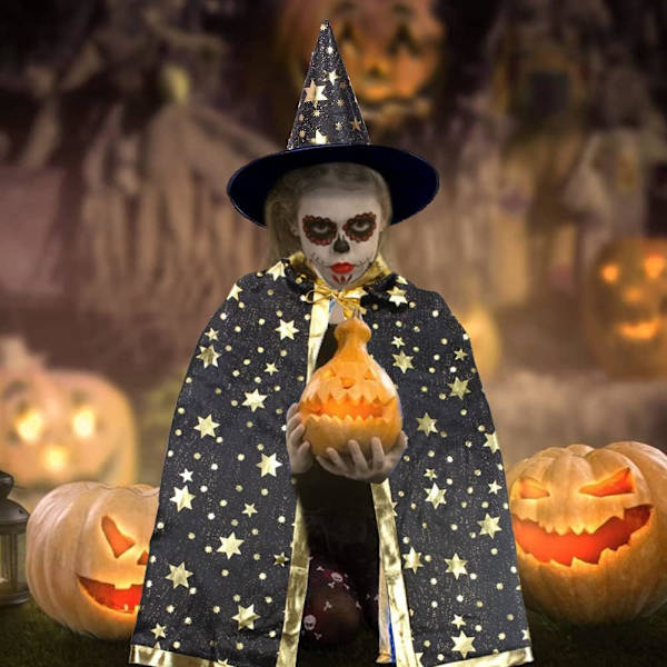 Halloween trollkarl,Häxhatt,Child Wizard Cape,Trollkarl med mantelhatt,Halloween godispåse,Häxkåpa Trollklänning Kostym för barn Pojkar Sunmostar