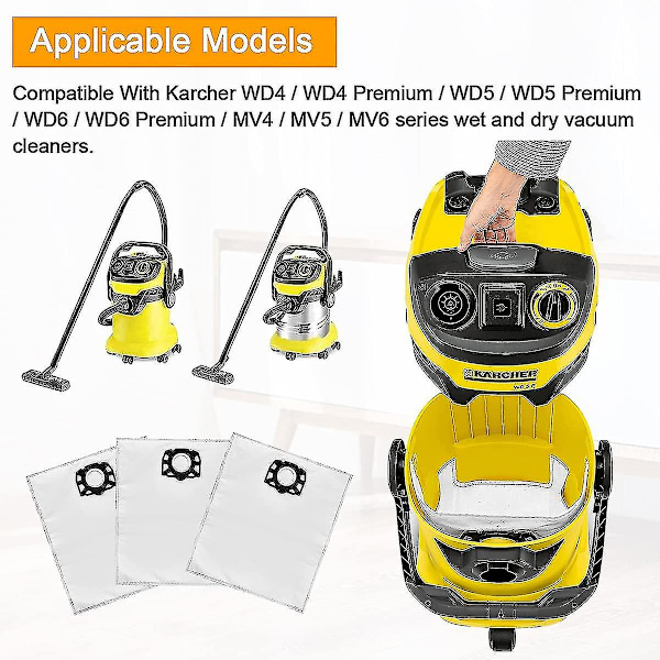 12 Pakk Filterposer Støvsugerposer For Karcher Wd4 Wd5 Wd6 Mv4 Mv5 Mv6 Reservedeler Tilbehørsett