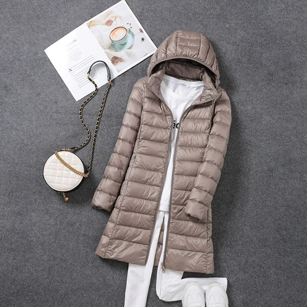 Kvinnor Vinterdunjacka Lång Slim Fit Varmjacka med huva Lämplig för vänners samlingskläder Khaki XL