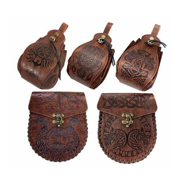 Keskiaikainen vintage-rahapussi, laukku, asustetarvike miehille ja naisille, viikinkityylinen nahkainen kiristysnyörilaukku, kolikkolompakko 1 One Size-Medieval