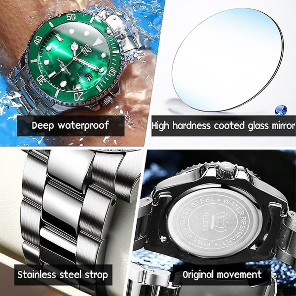 Olevs Ekte Kvarts Klokke For Menn Rustfritt Stål Vanntett Sportsklokke Auto Datoklokke Armbåndsur Luksus Relogio Masculino5885 Silver green face