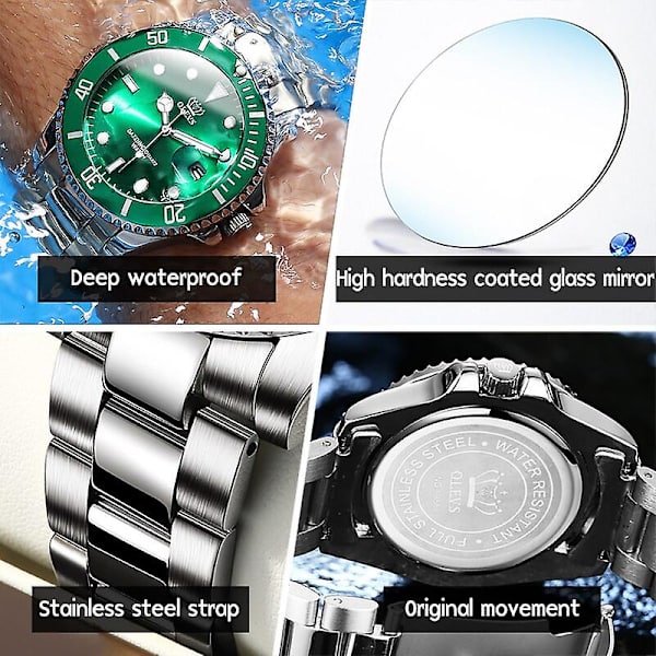 Olevs Genuine Quartz Watch For Herr Rost Stål Vattentät Watch Auto Date Klocka Armbandsur Lyx Relogio Masculino5885 Gold green face