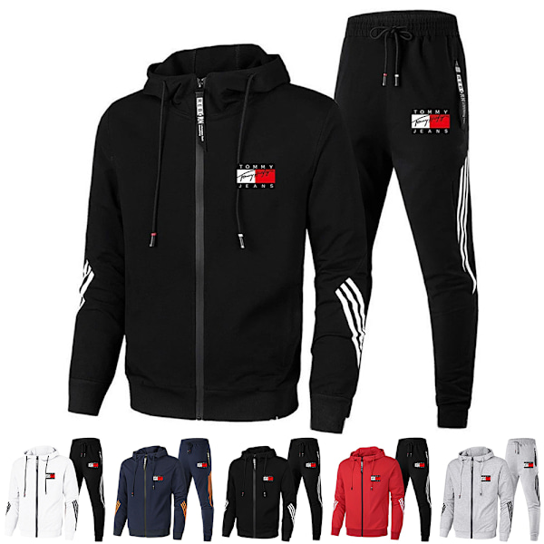 Herr TomyJeans Sport Hoodie Tracksuit Set Långärmad Hel Dragkedja Hoodie Sweatshirt Jacka + Joggingbyxor Sweatpants Outfit Fickor Light Grey qd Light Grey S