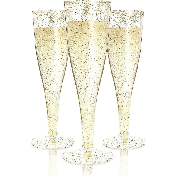 24 Plast Champagne Flutes Disponibel | Guld Glitter Plast Champagneglas För Fester | Glitter klara plastmuggar | Rostglas i plast |