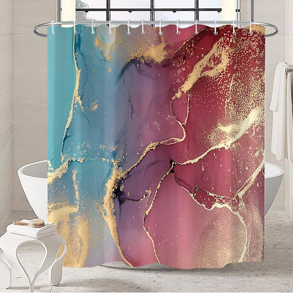 Marmor badrum duschdraperi lila guld tyg duschdraperier med krokar akvarell abstrakt duschdraperi foder 72x72 tum Green Red 72x72 inch