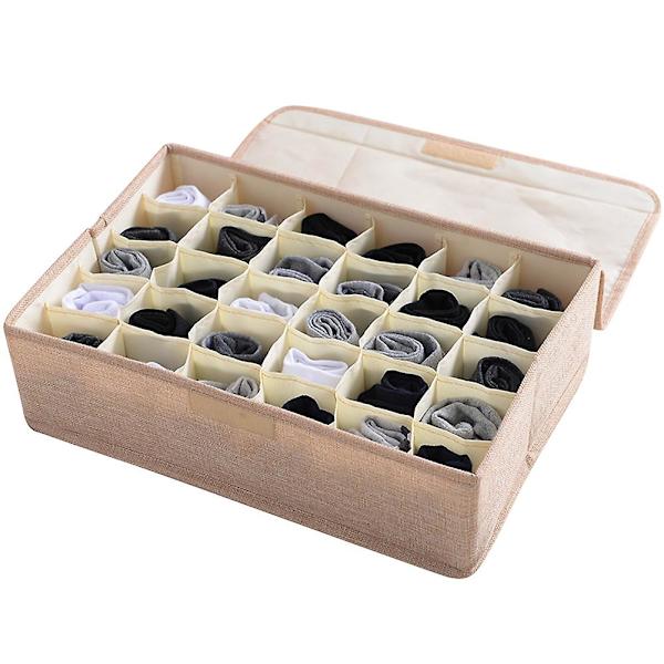 30 fack förvaring för slipsar, strumpor och underkläder, garderobsorganiserare med lock Beige