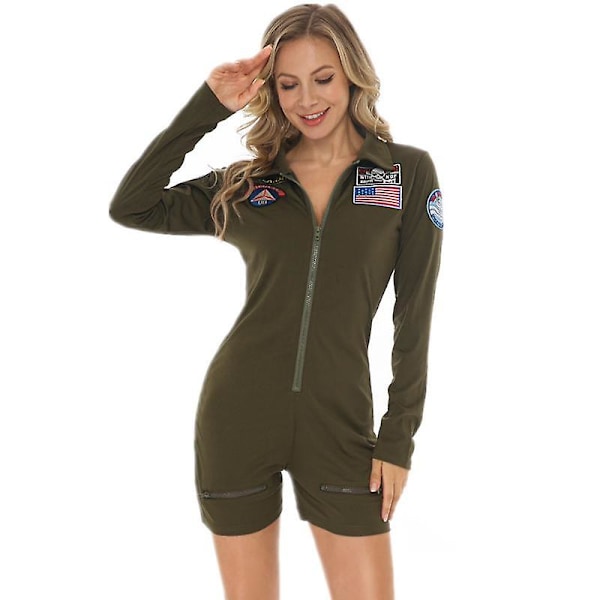 Top Gun Cosplay Amerikansk Flygvapenpilotuniform Halloweenkostymer för Kvinnor Vuxen Armég Grön Militärpilot Jumpsuit M