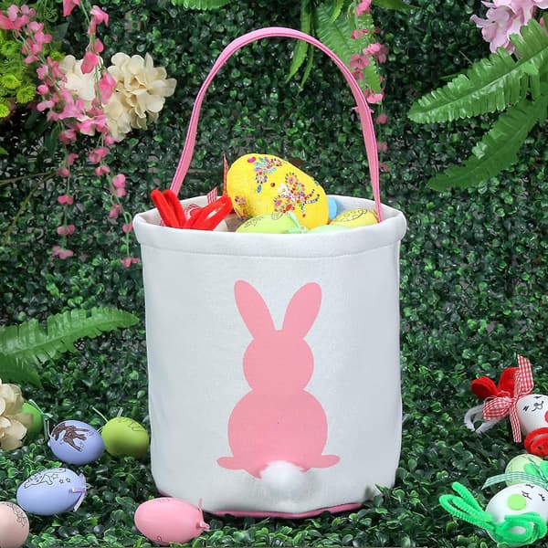 Easter Bunny Basket Egg Bags for Kids, Canvas Cotton Personalized Candy Egg Basket Rabbit Print Buckets with Fluffy Tail Gift Bags for Easter