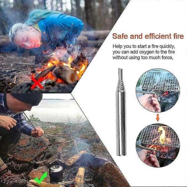 3 stk. blåserør, sammenleggbart lommefyr, lommefyr i rustfritt stål, bålverktøy for camping