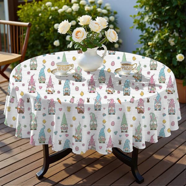 Easter and Gnomes White Pattern Round Tablecloth 60\", Wrinkle Resistant Wipeable Cover for Kitchen, Dining, Picnic, and Patio