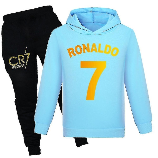 Barns pojkar och flickor Ronaldo printed långärmad luvtröja + byxor Casual Set Sportkläder light blue 11-12 Years