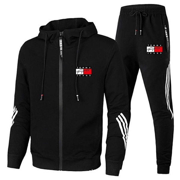Herr TomyJeans Sport Hoodie Tracksuit Sett Langermet Hel Glidelås Hoodie Sweatshirt Jakke + Joggebukser Sweatpants Antrekk Lommer Black qd Black S